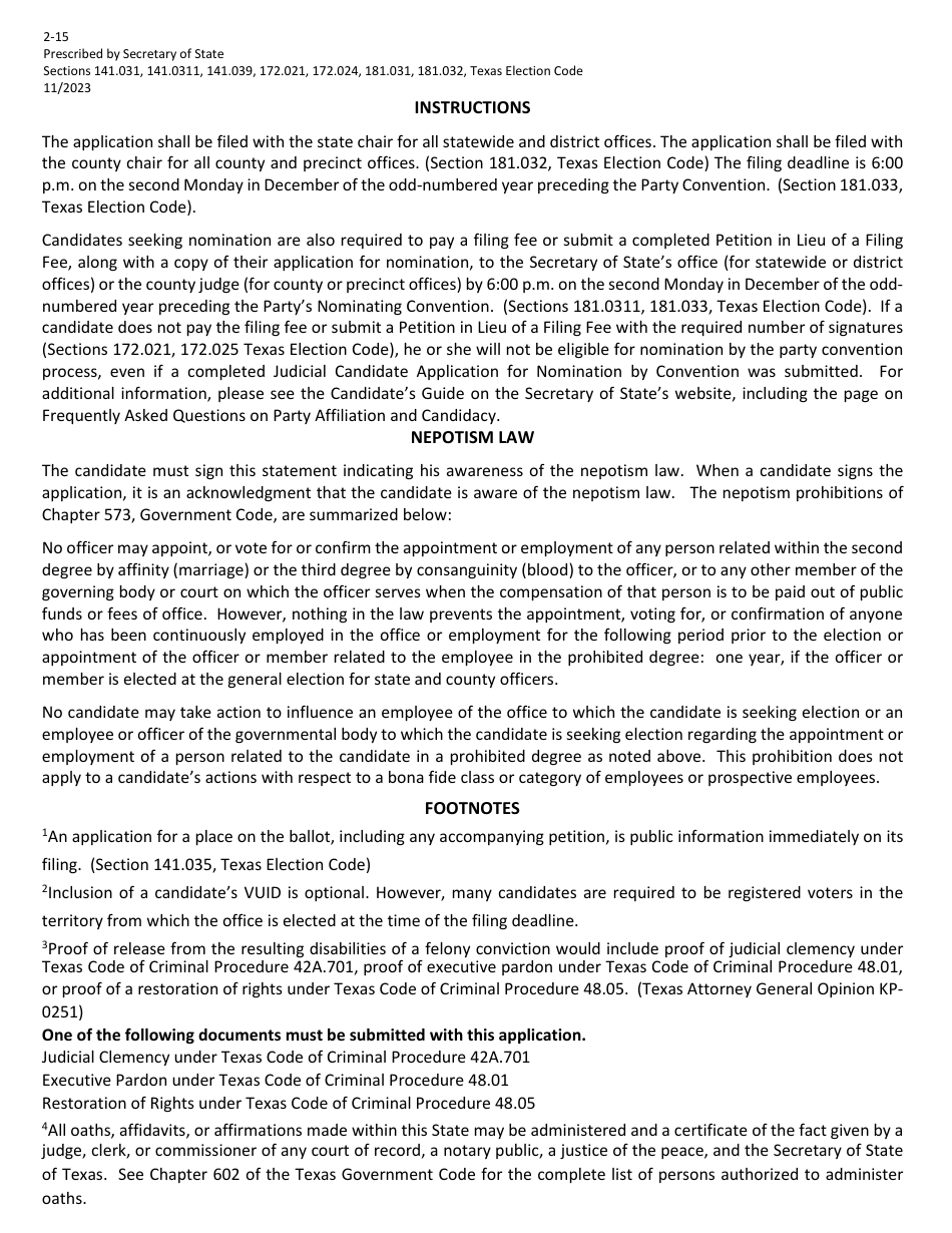 Form 2-15 Judicial Candidate Application for Nomination by Convention - Texas (English / Spanish), Page 3