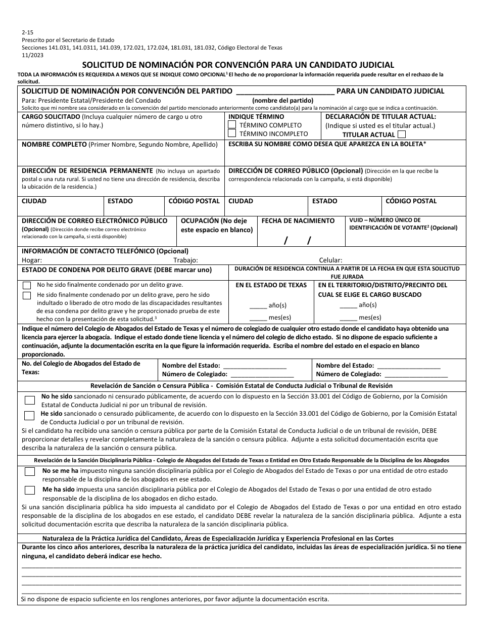 Form 2-15 Judicial Candidate Application for Nomination by Convention - Texas (English / Spanish), Page 5