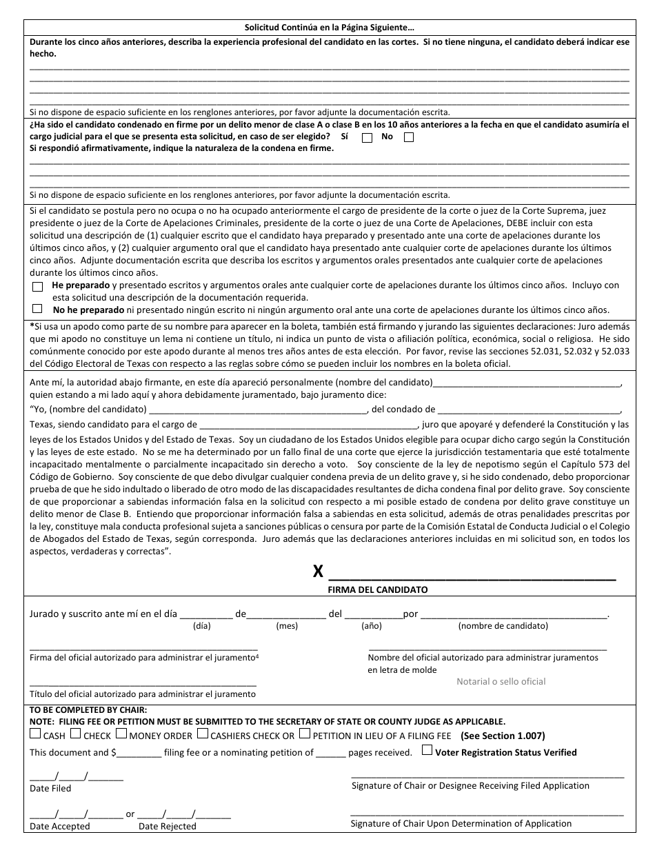 Form 2-15 Judicial Candidate Application for Nomination by Convention - Texas (English / Spanish), Page 6