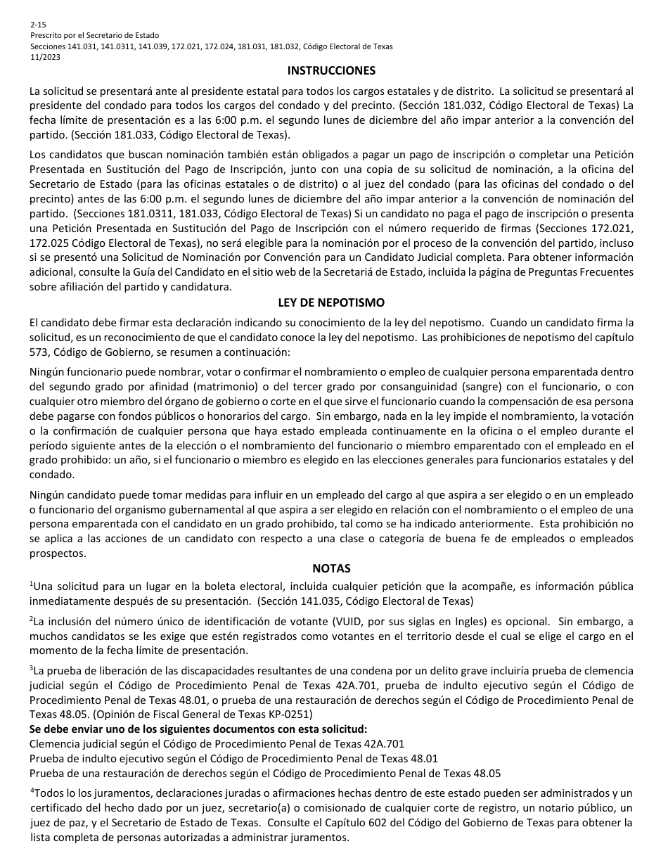 Form 2-15 Judicial Candidate Application for Nomination by Convention - Texas (English / Spanish), Page 7