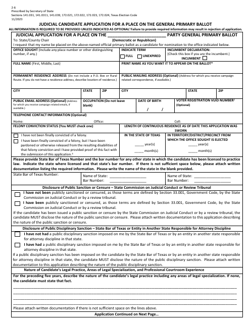 Form 2-6 Judicial Candidate Application for a Place on the General Primary Ballot - Texas (English/Spanish)
