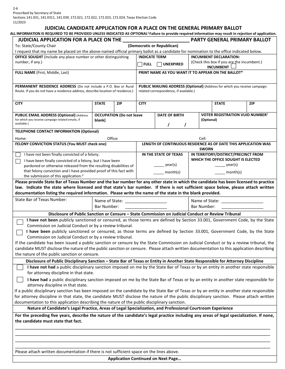Form 2-6 Judicial Candidate Application for a Place on the General Primary Ballot - Texas (English / Spanish), Page 1