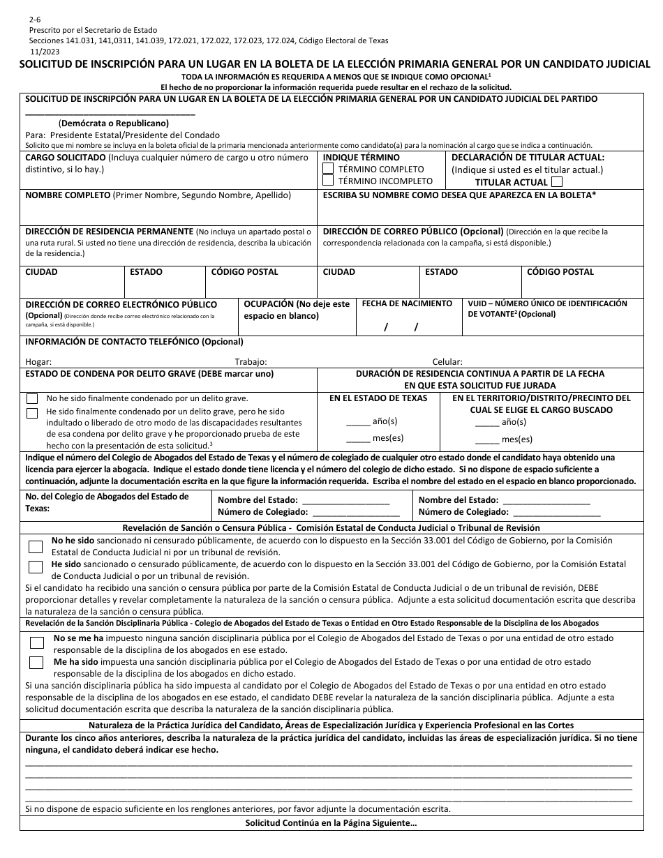 Form 2-6 Judicial Candidate Application for a Place on the General Primary Ballot - Texas (English / Spanish), Page 5