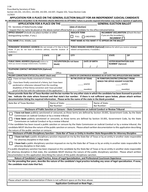 Form 2-34 Application for a Place on the General Election Ballot for an Independent Judicial Candidate - Texas (English/Spanish)