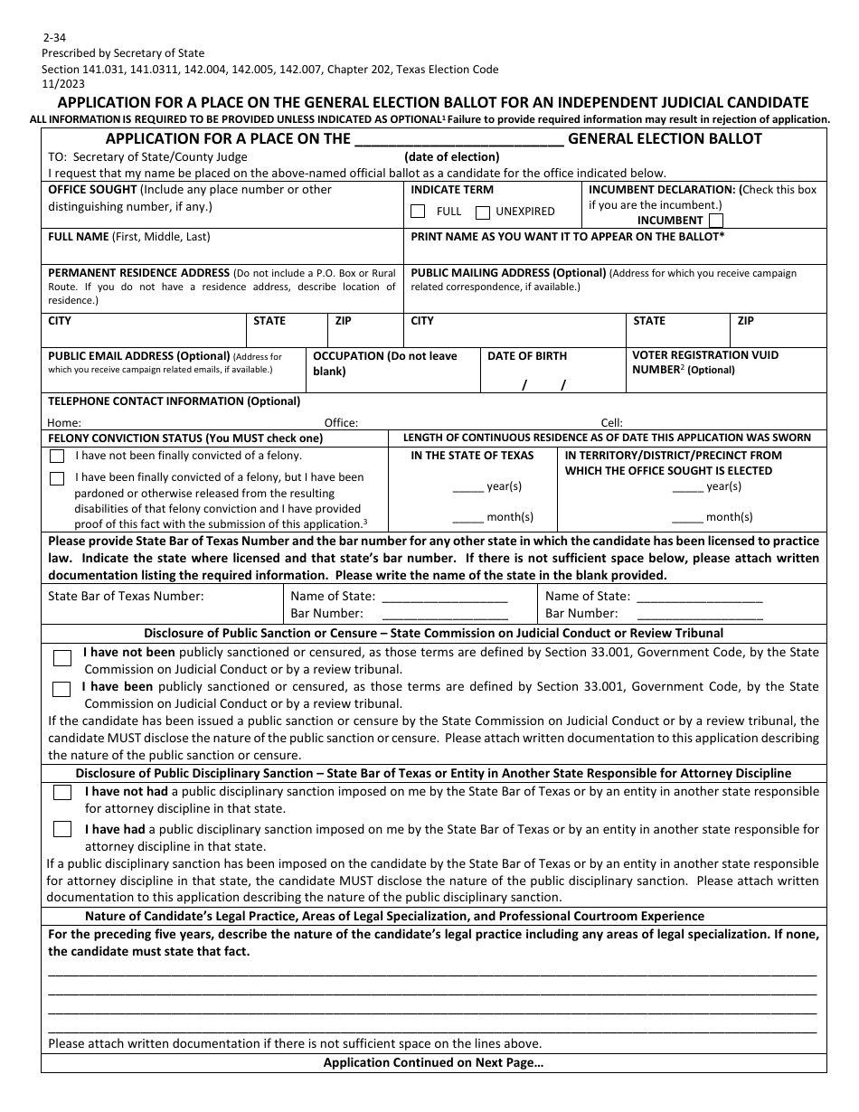 Form 2-34 Application for a Place on the General Election Ballot for an Independent Judicial Candidate - Texas (English / Spanish), Page 1