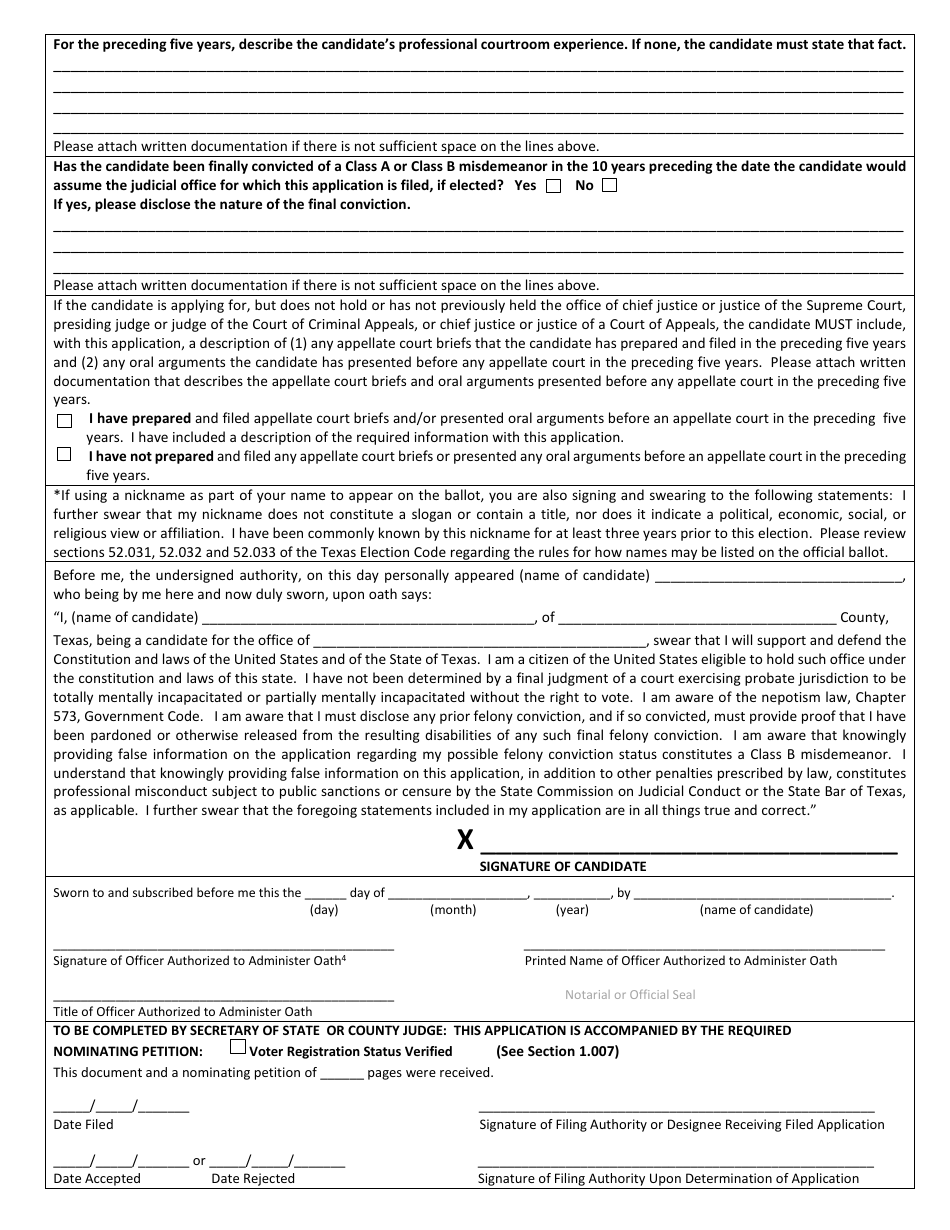 Form 2-34 Application for a Place on the General Election Ballot for an Independent Judicial Candidate - Texas (English / Spanish), Page 2