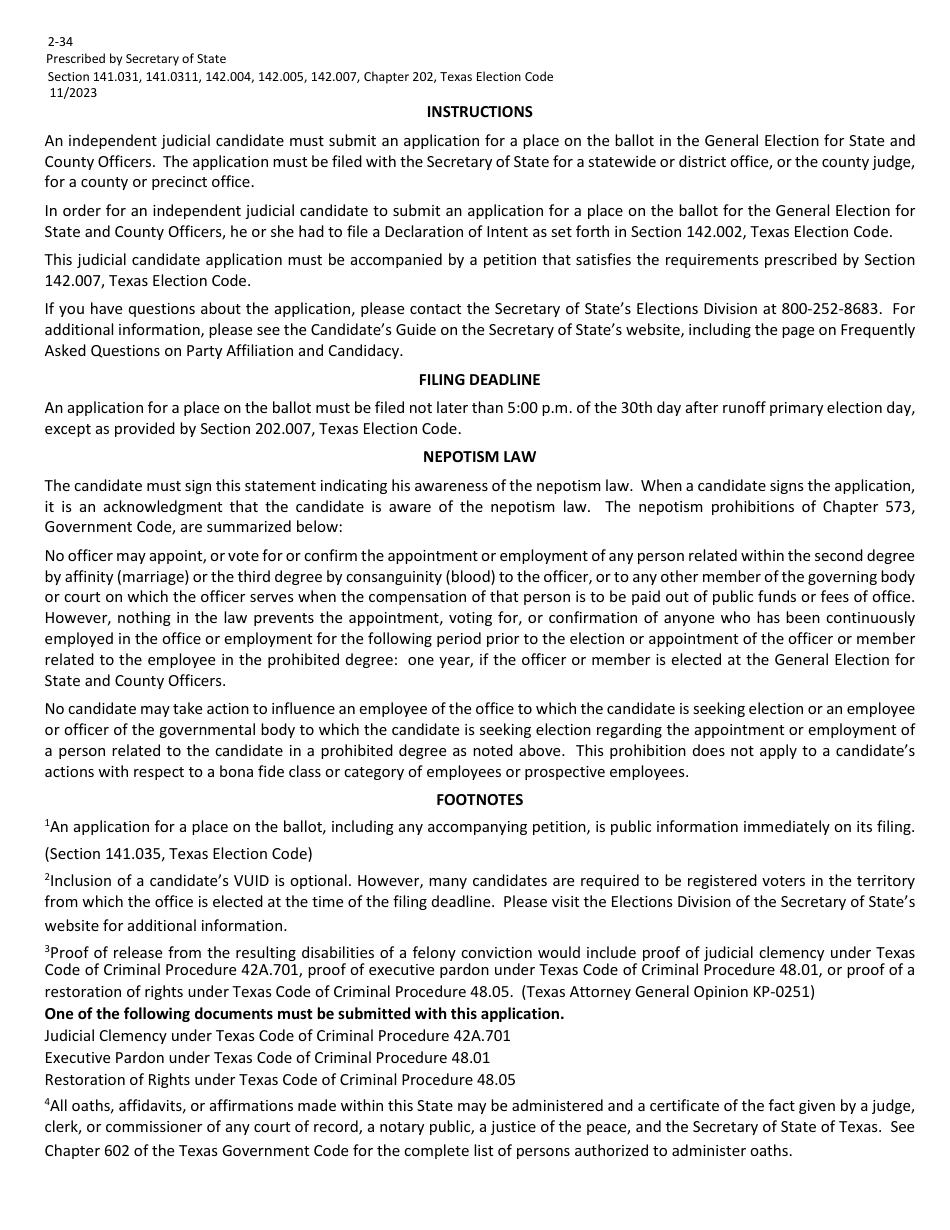 Form 2-34 Application for a Place on the General Election Ballot for an Independent Judicial Candidate - Texas (English / Spanish), Page 3