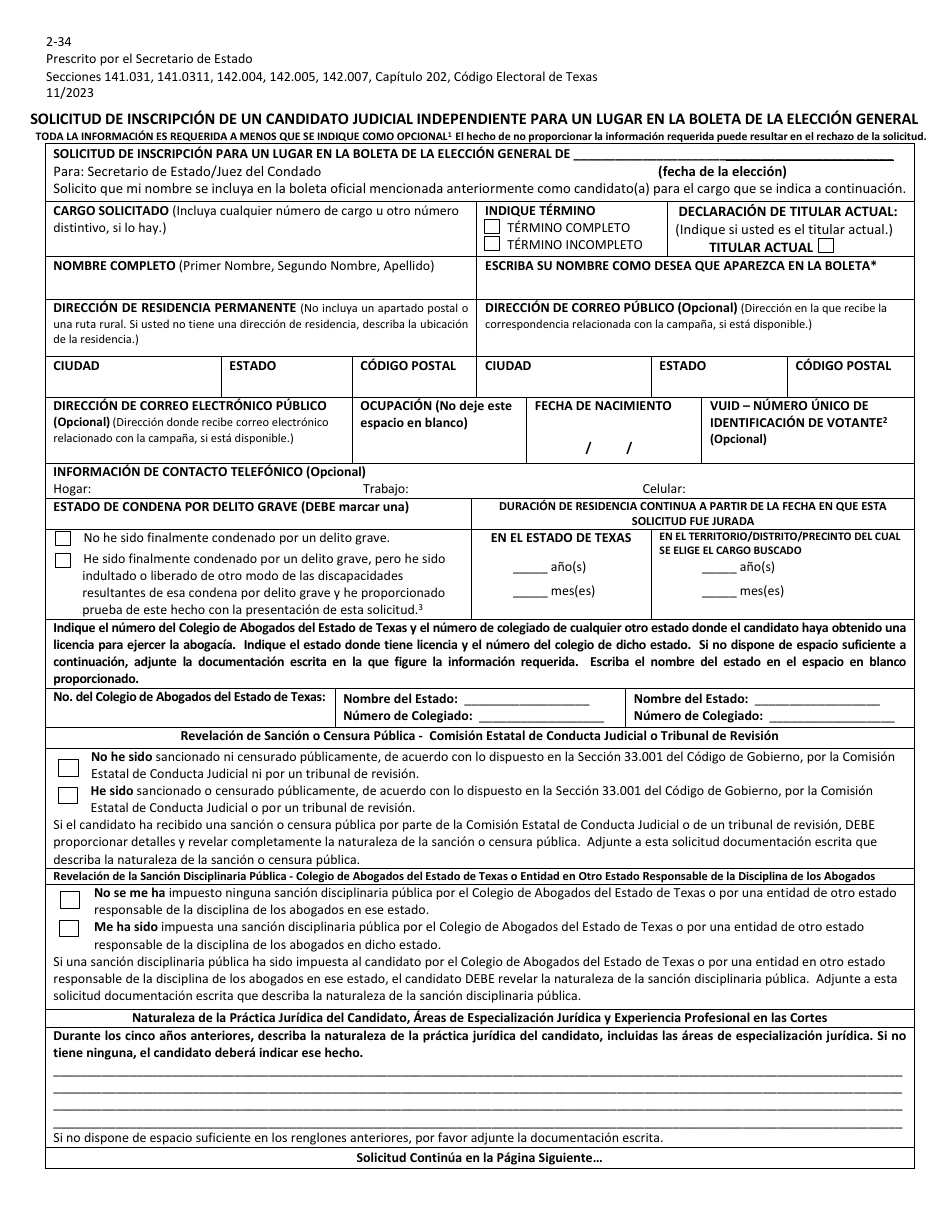 Form 2-34 Application for a Place on the General Election Ballot for an Independent Judicial Candidate - Texas (English / Spanish), Page 4