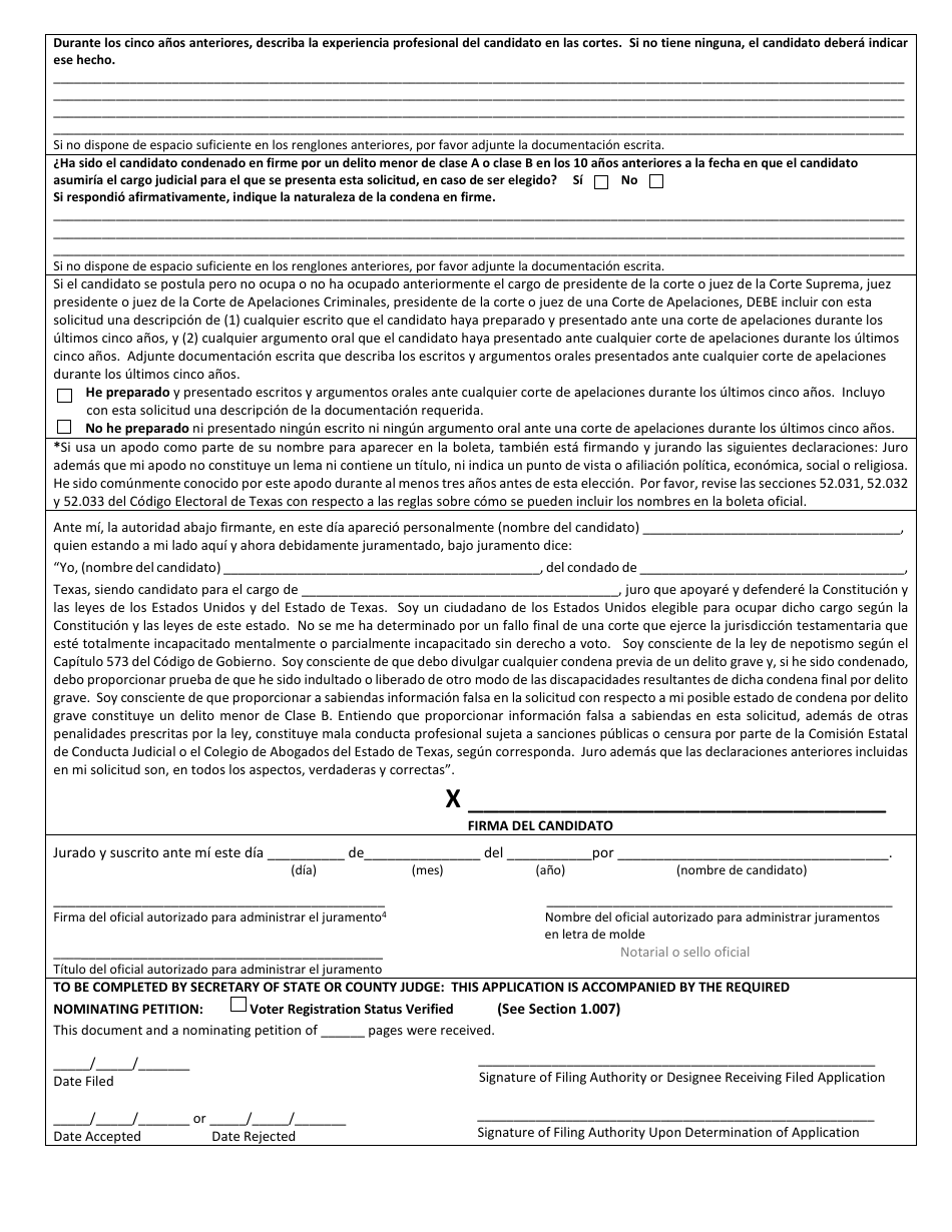 Form 2-34 Application for a Place on the General Election Ballot for an Independent Judicial Candidate - Texas (English / Spanish), Page 5