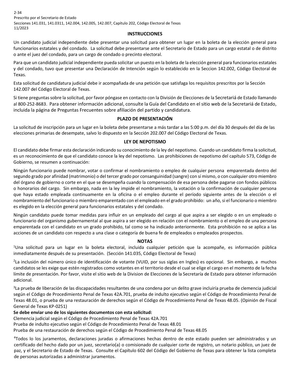 Form 2-34 Application for a Place on the General Election Ballot for an Independent Judicial Candidate - Texas (English / Spanish), Page 6