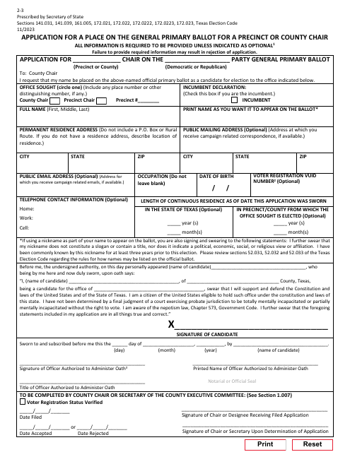 Form 2-3 Application for a Place on the General Primary Ballot for a Precinct or County Chair - Texas (English/Spanish)