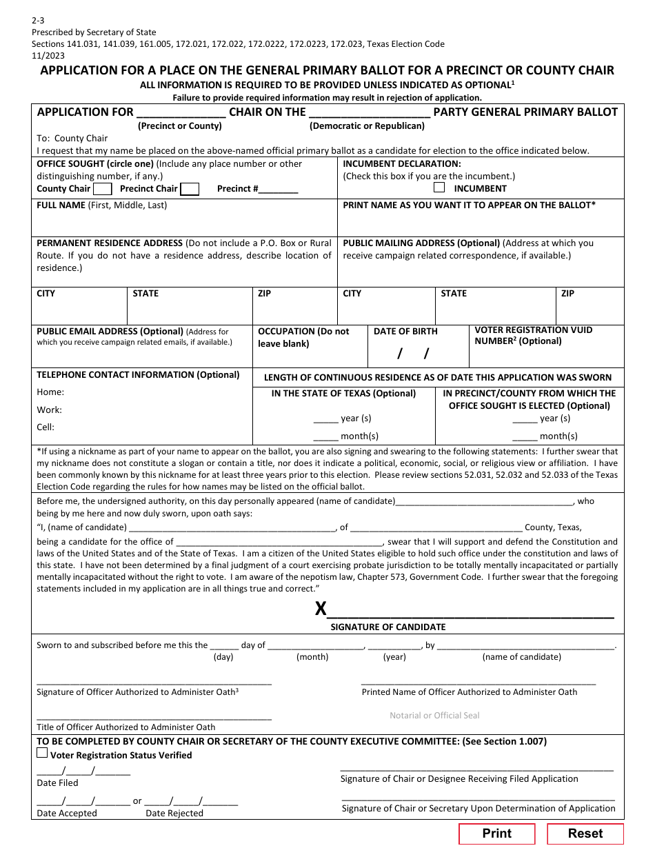 Form 2-3 Application for a Place on the General Primary Ballot for a Precinct or County Chair - Texas (English / Spanish), Page 1