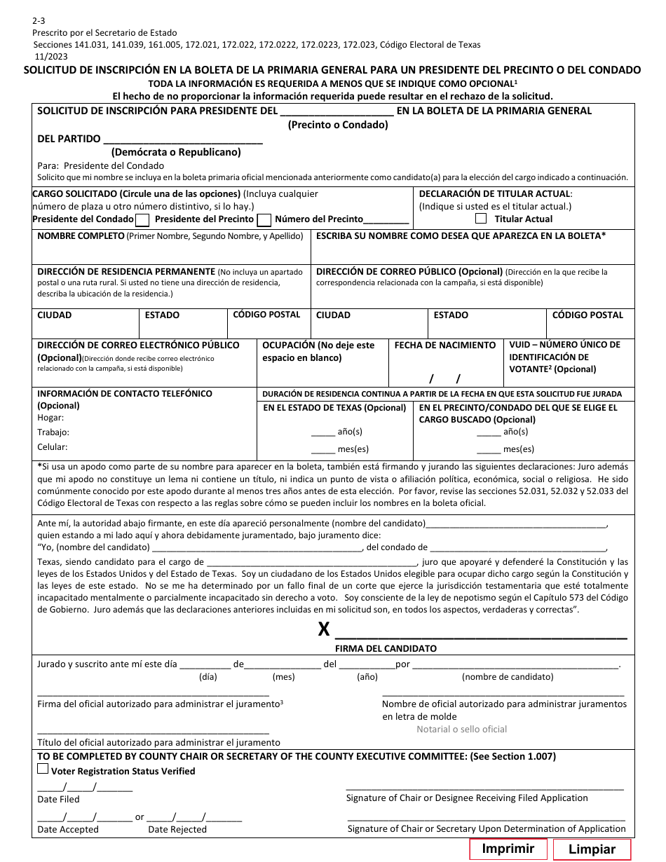 Form 2-3 Application for a Place on the General Primary Ballot for a Precinct or County Chair - Texas (English / Spanish), Page 3