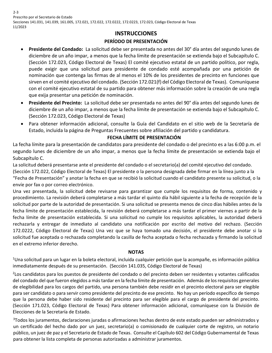 Form 2-3 Application for a Place on the General Primary Ballot for a Precinct or County Chair - Texas (English / Spanish), Page 4