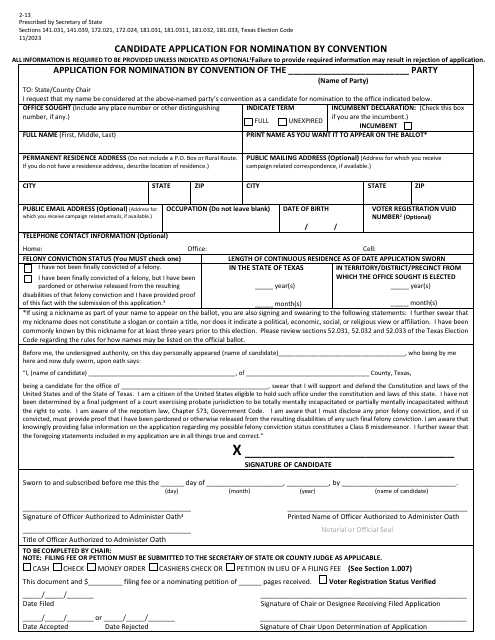 Form 2-13 Candidate Application for Nomination by Convention - Texas (English/Spanish)