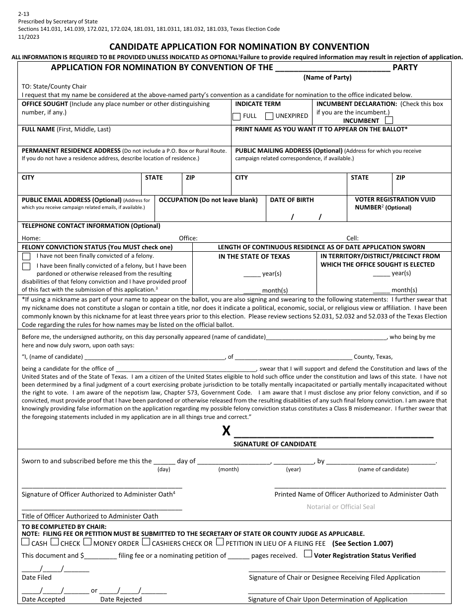 Form 2-13 Candidate Application for Nomination by Convention - Texas (English / Spanish), Page 1
