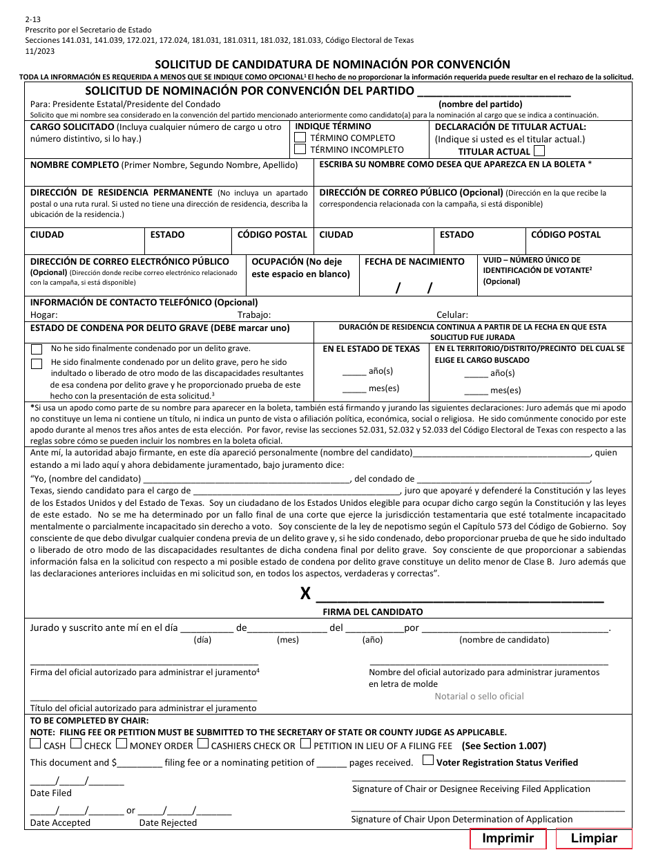 Form 2-13 Candidate Application for Nomination by Convention - Texas (English / Spanish), Page 4
