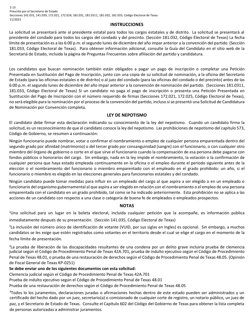 Form 2-13 Candidate Application for Nomination by Convention - Texas (English / Spanish), Page 5