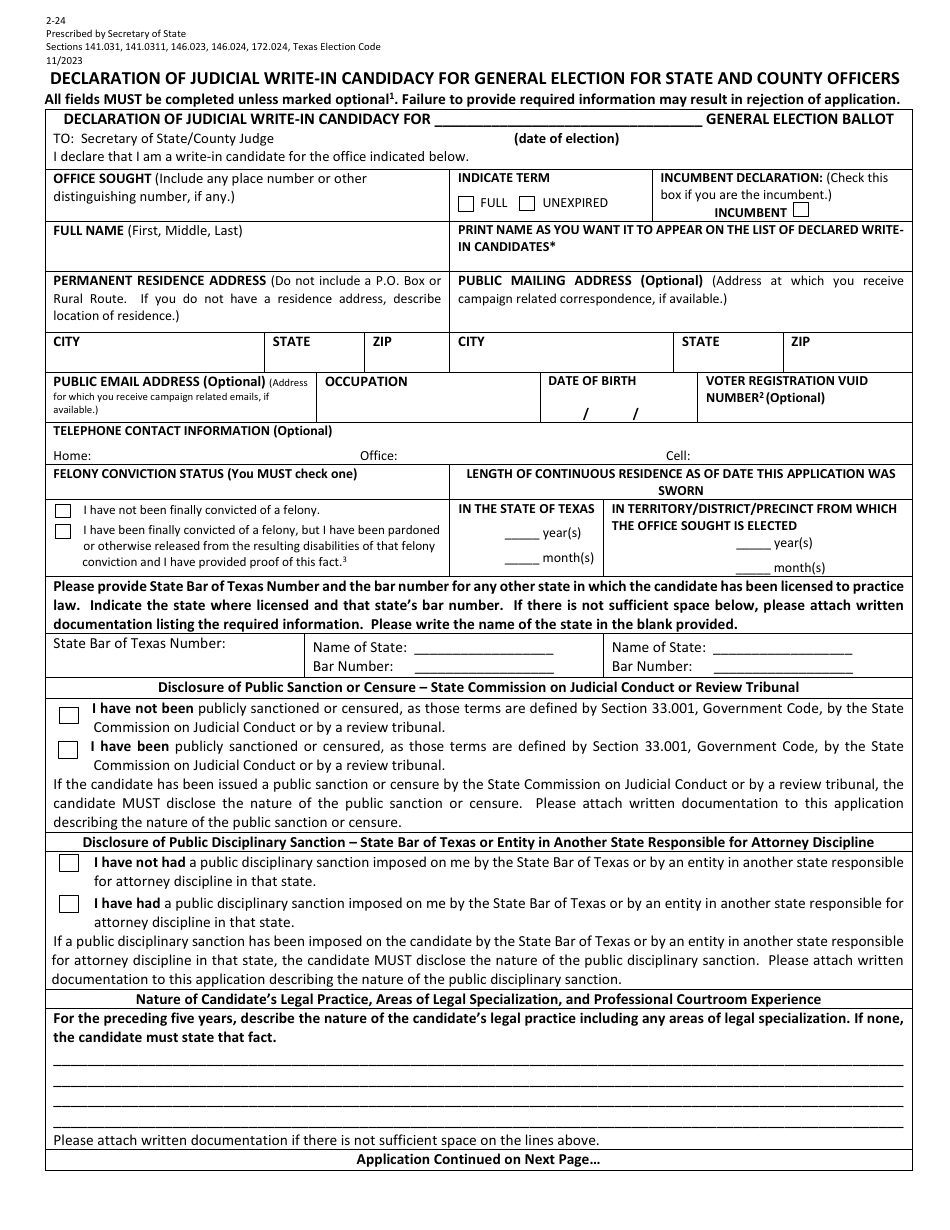 Form 2-24 Declaration of Judicial Write-In Candidacy for General Election for State and County Officers - Texas (English / Spanish), Page 1