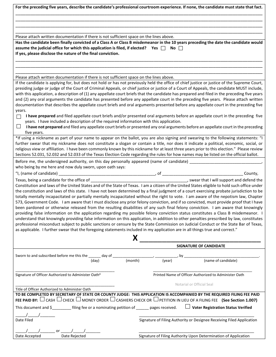 Form 2-24 Declaration of Judicial Write-In Candidacy for General Election for State and County Officers - Texas (English / Spanish), Page 2