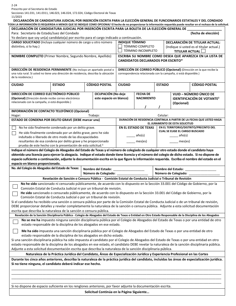 Form 2-24 Declaration of Judicial Write-In Candidacy for General Election for State and County Officers - Texas (English / Spanish), Page 5