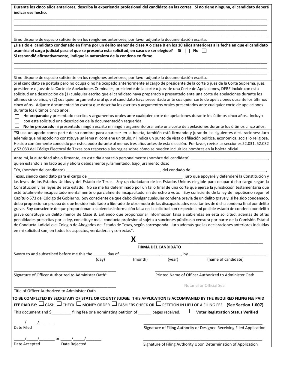 Form 2-24 Declaration of Judicial Write-In Candidacy for General Election for State and County Officers - Texas (English / Spanish), Page 6
