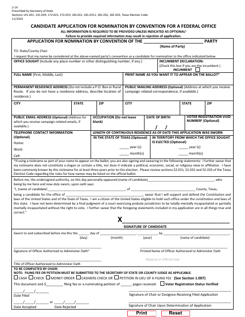 Form 2-14 Candidate Application for Nomination by Convention for a Federal Office - Texas (English/Spanish)