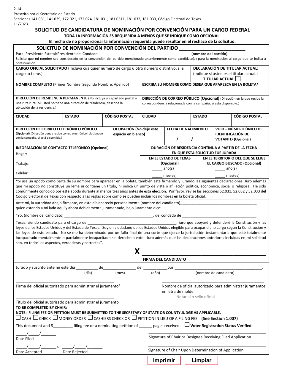 Form 2-14 Candidate Application for Nomination by Convention for a Federal Office - Texas (English / Spanish), Page 4