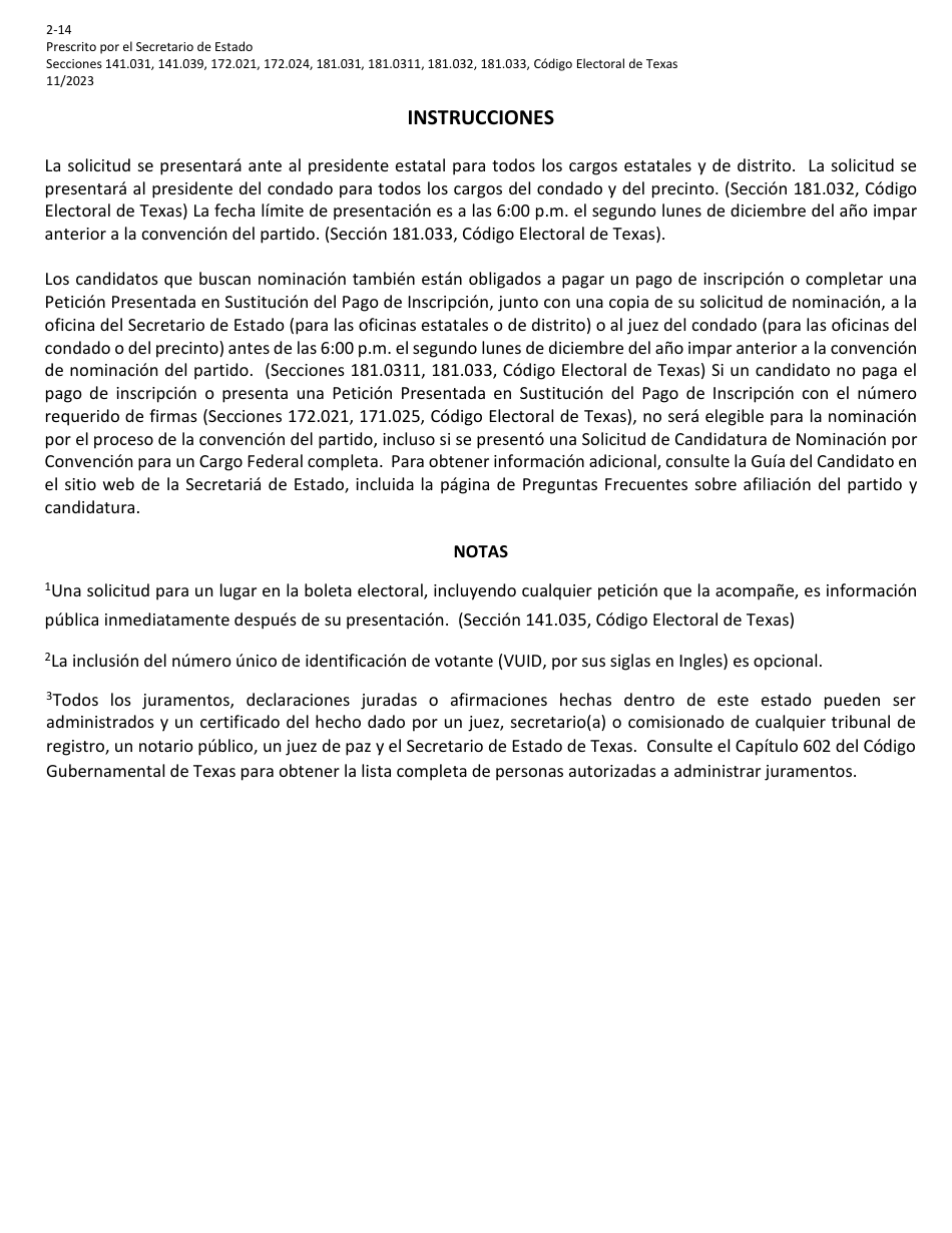 Form 2-14 Candidate Application for Nomination by Convention for a Federal Office - Texas (English / Spanish), Page 5