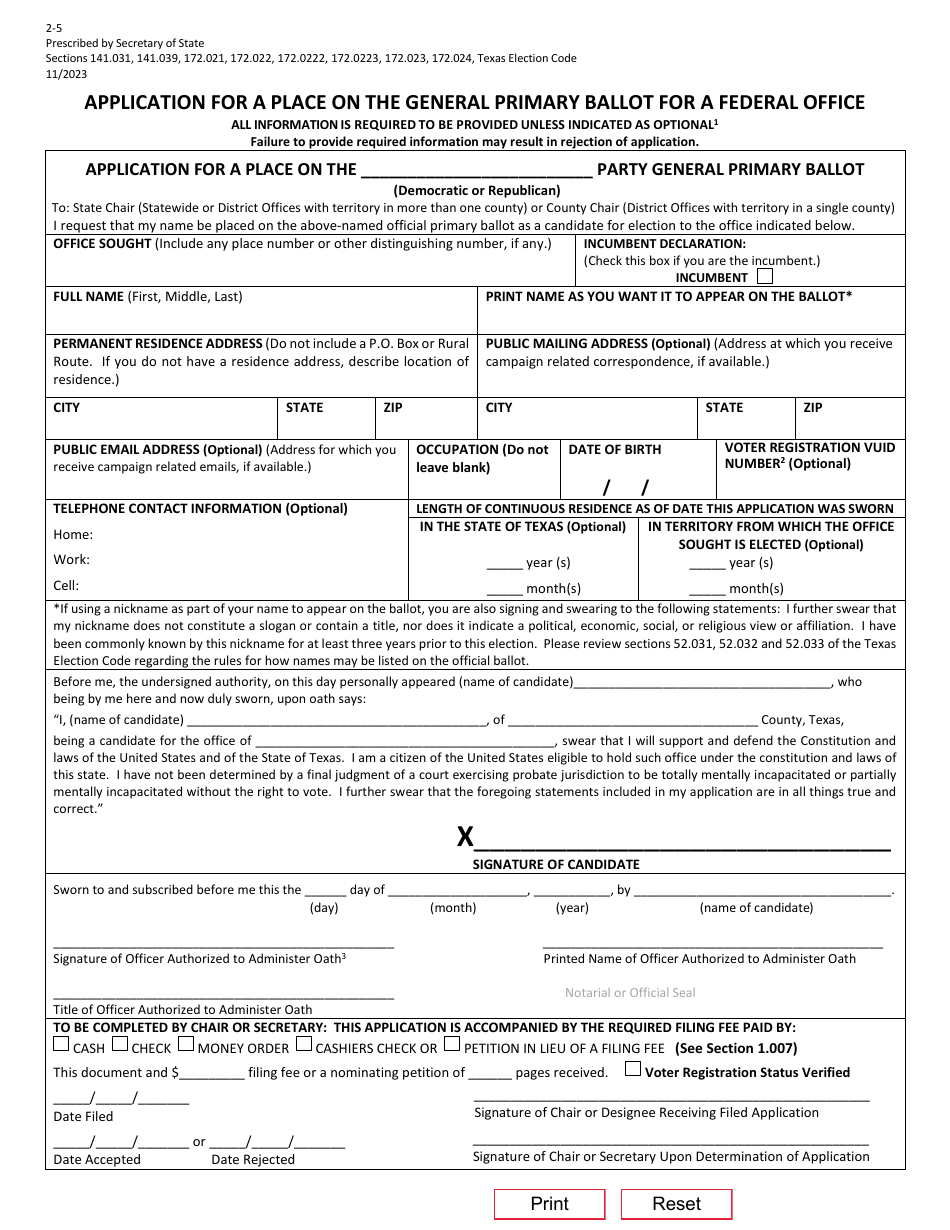 Form 2-5 Application for a Place on the General Primary Ballot for a Federal Office - Texas (English / Spanish), Page 1