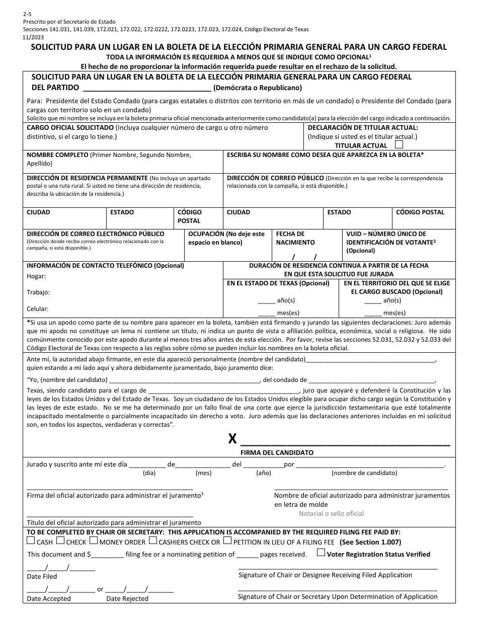 Form 2-5 Application for a Place on the General Primary Ballot for a Federal Office - Texas (English / Spanish), Page 4