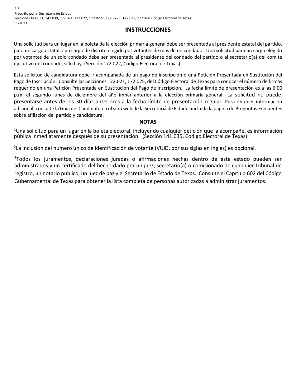Form 2-5 Application for a Place on the General Primary Ballot for a Federal Office - Texas (English / Spanish), Page 5