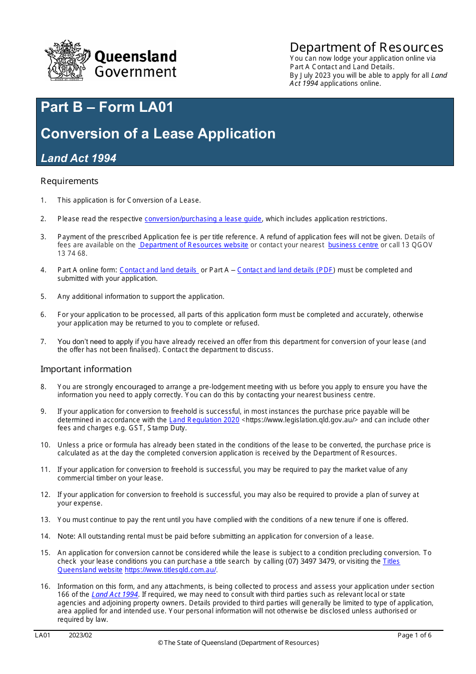 Form LA01 Part B Conversion of a Lease Application - Queensland, Australia, Page 1