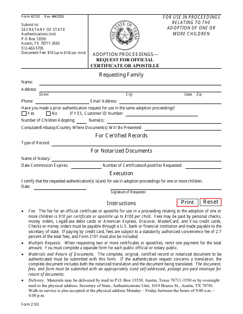 Form 2103 Adoption Proceedings Request for Official Certificate or Apostille - Texas