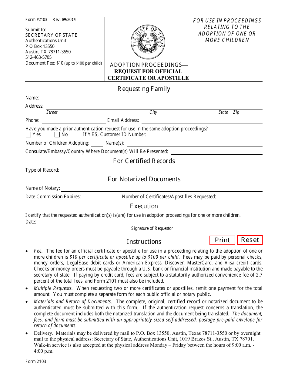 Form 2103 Adoption Proceedings Request for Official Certificate or Apostille - Texas, Page 1