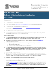 Document preview: Form LA24 Part B Deferral of Rent or Instalment Application - Queensland, Australia