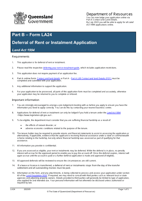 Form LA24 Part B Deferral of Rent or Instalment Application - Queensland, Australia