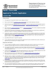 Document preview: Form LA04 Part B Approval to Transfer Application - Queensland, Australia