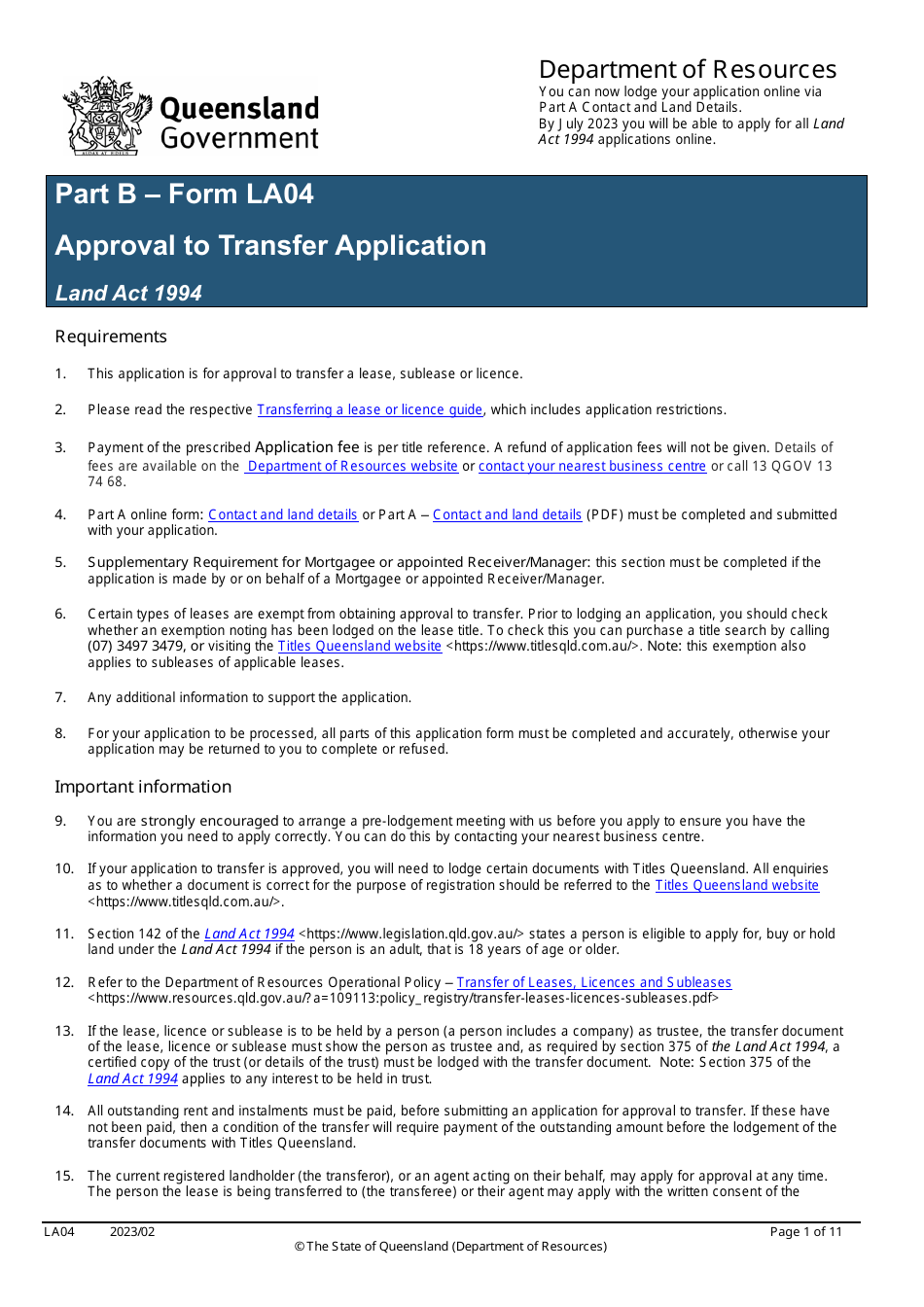 Form LA04 Part B Approval to Transfer Application - Queensland, Australia, Page 1