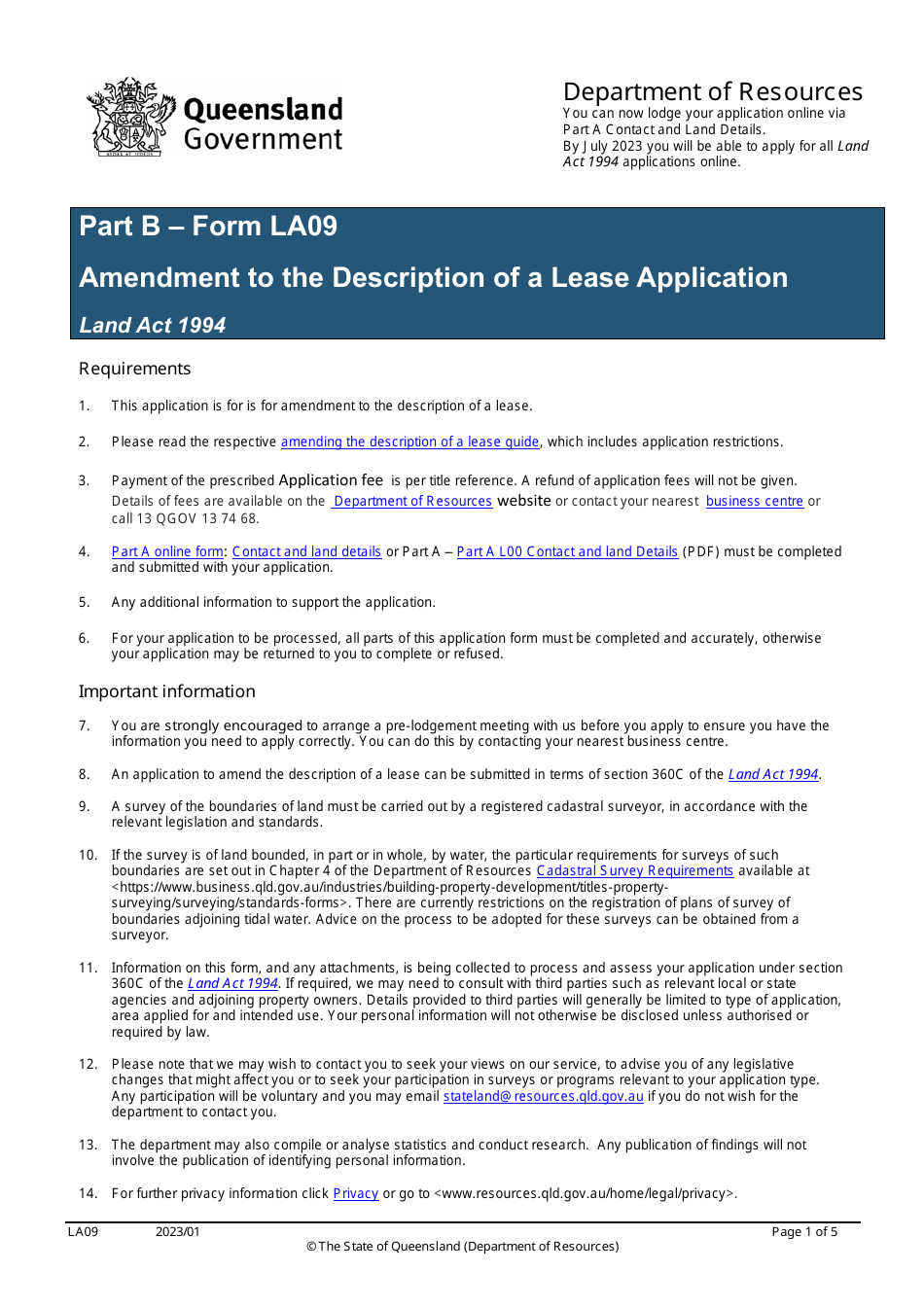 Form LA09 Part B Amendment to the Description of a Lease Application - Queensland, Australia, Page 1