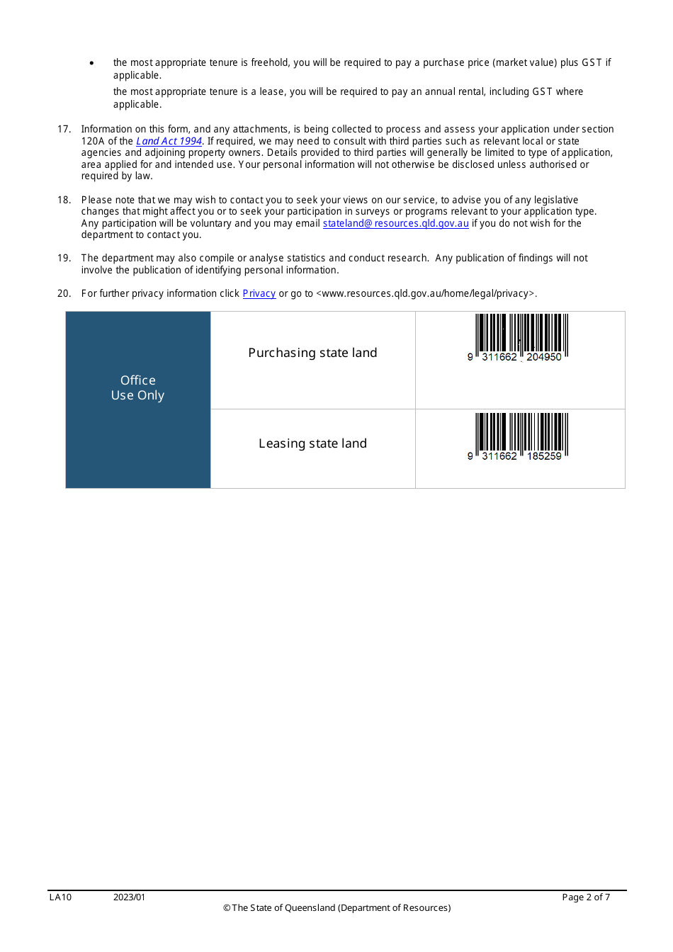 Form LA10 Part B Purchase or Lease State Land Application - Queensland, Australia, Page 2