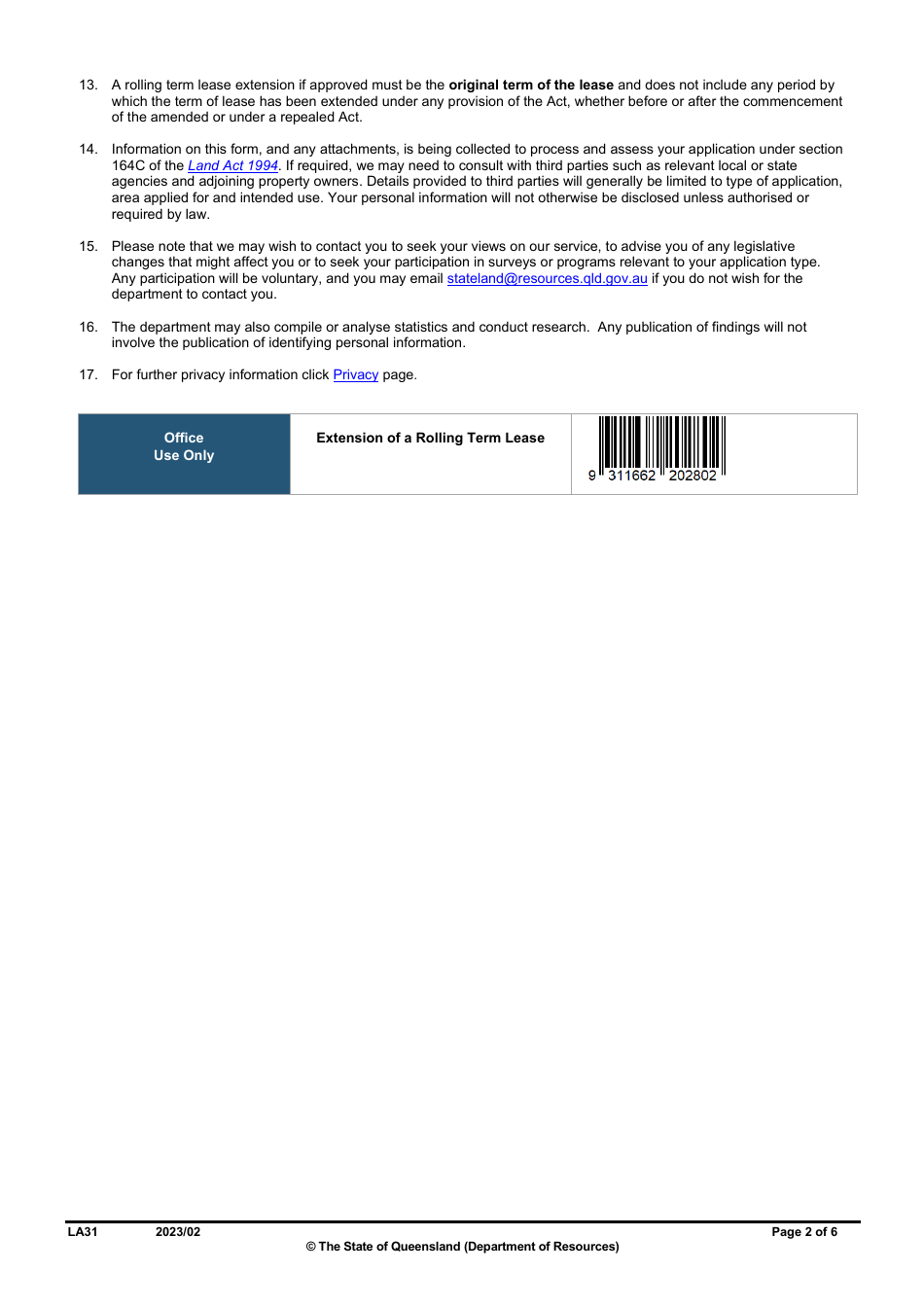 Form LA31 Part B Extension of a Rolling Term Lease Application - Queensland, Australia, Page 2