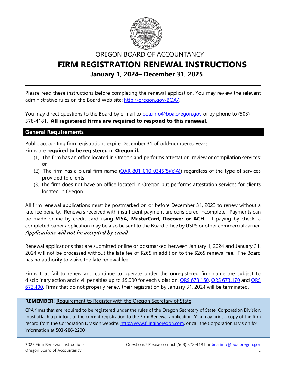Instructions for Firm Registration Renewal - Oregon, Page 1