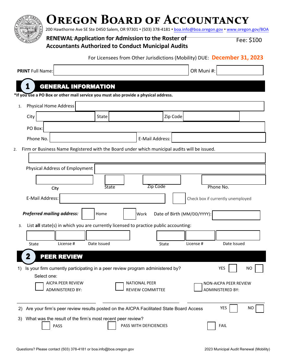 Renewal Application for Admission to the Roster of Accountants Authorized to Conduct Municipal Audits - Oregon, Page 1