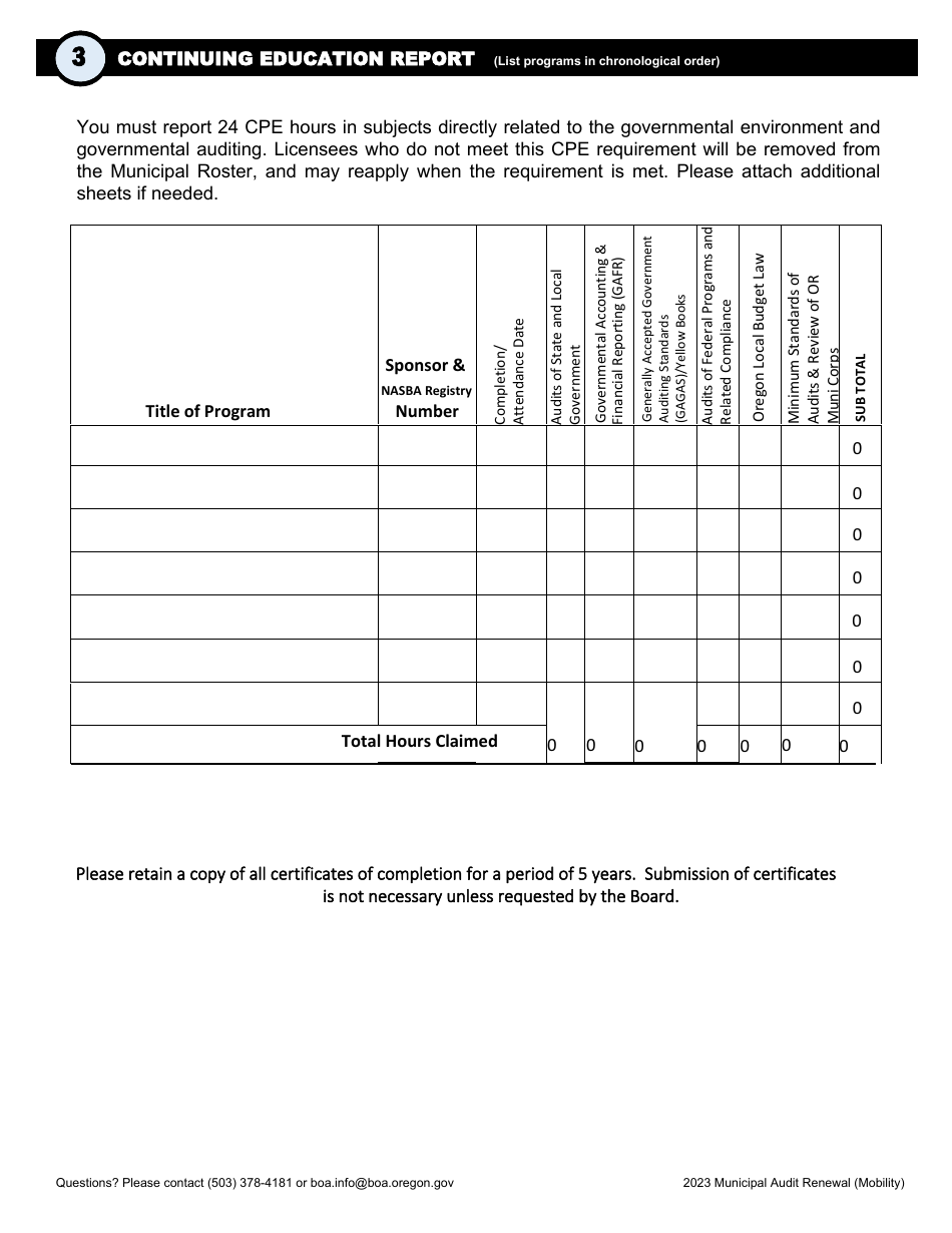 Renewal Application for Admission to the Roster of Accountants Authorized to Conduct Municipal Audits - Oregon, Page 2