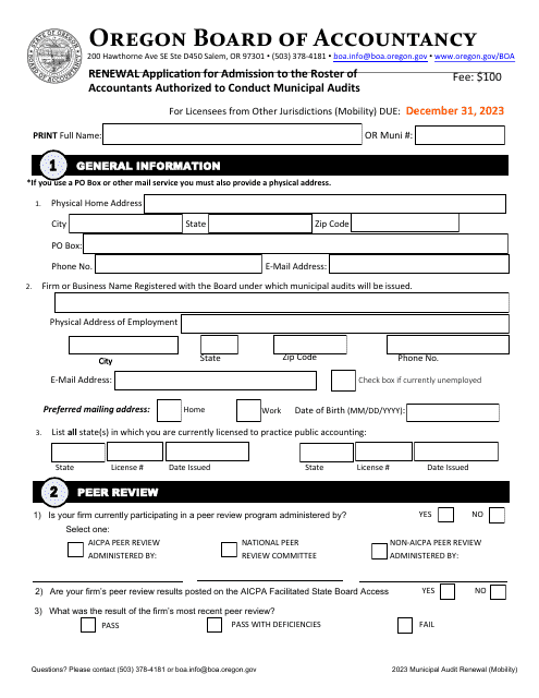 Renewal Application for Admission to the Roster of Accountants Authorized to Conduct Municipal Audits - Oregon Download Pdf