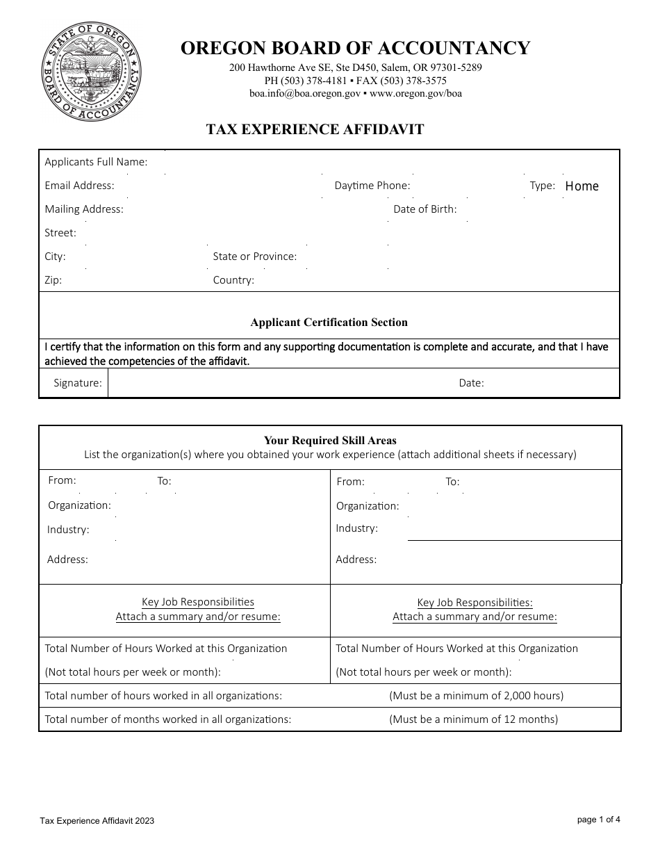 Tax Experience Affidavit - Oregon, Page 1