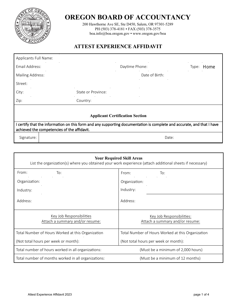 Attest Experience Affidavit - Oregon, Page 1