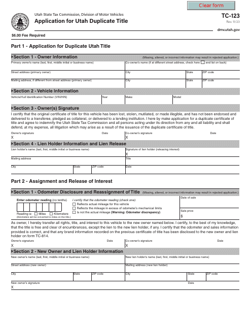 Form TC-123 Application for Utah Duplicate Title - Utah