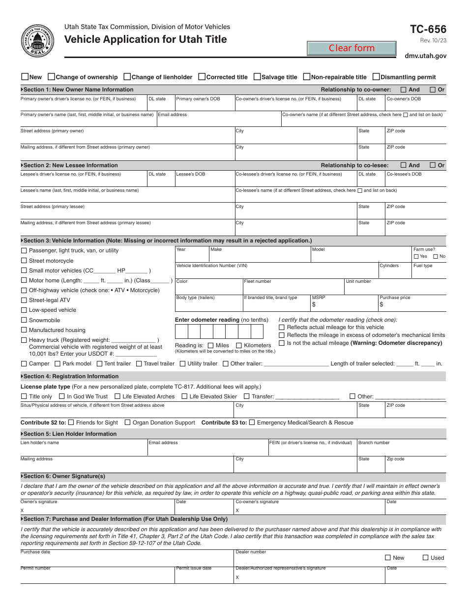 vehicle application for utah title form tc 656